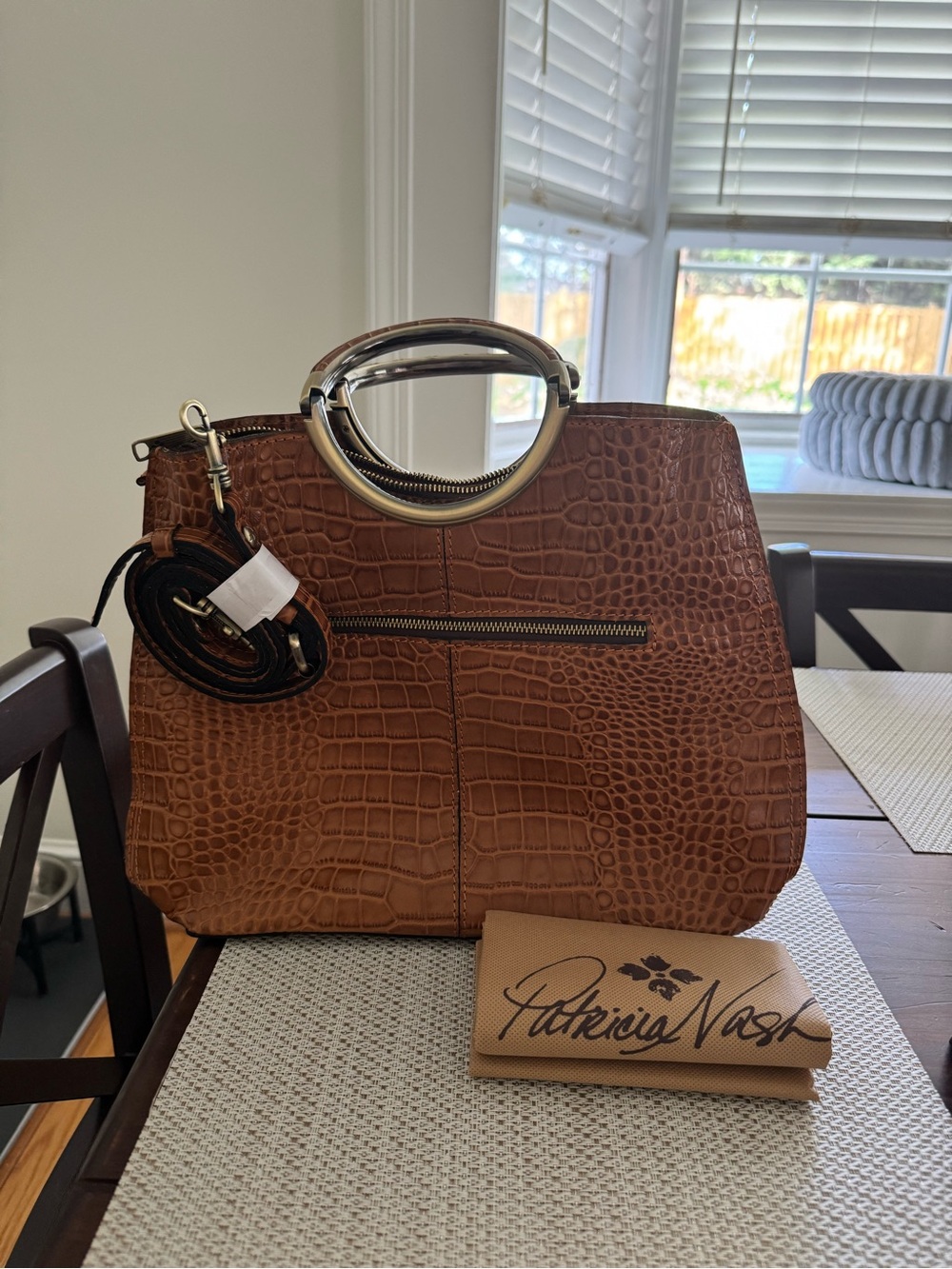 Patricia Nash Cognac Arenzano Croc-Embossed Shoulder Bag with Metal Handles